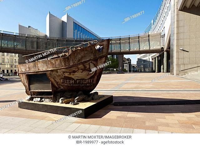 Fishing boat as a sculpture, Fish Fight campaign against overfishing in the North Sea, European Parliament, Euro-City, Brussels, Belgium, Europe