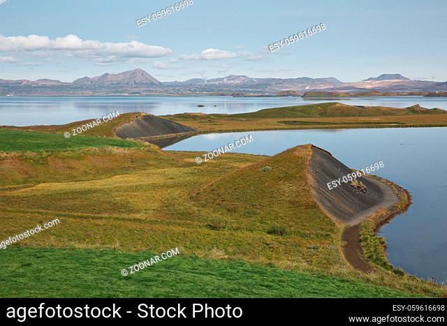 Beautiful and rare area of pseudo craters aka volcanics near Skutustadir and lake Myvatn in Iceland
