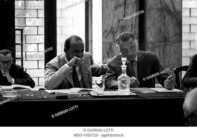 Italian industrialists Leopoldo Pirelli, president of Pirelli, and Gianni Agnelli, president of FIAT, attending a meeting of Montedison. Milan, 1967
