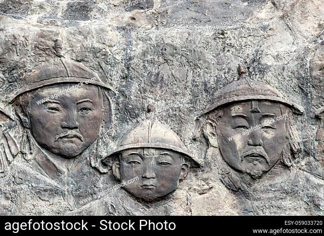 The site of Xanadu, Inner Mongolia, China - July 26, 2017: Reliefs and the statue of Kublai Khan grand son of Genghis Khan