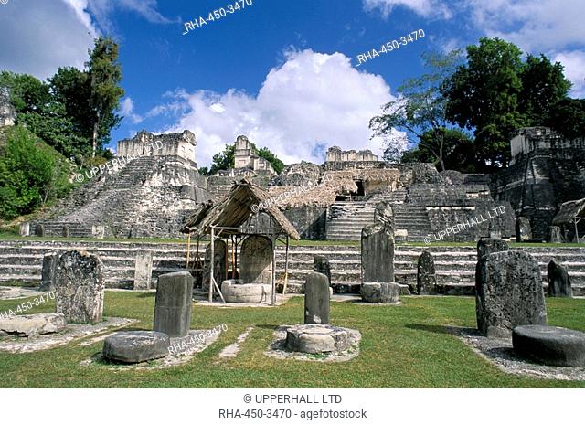 Stelae in foreground, North Acropolis, Tikal, UNESCO World Heritage Site, Guatemala, Central America