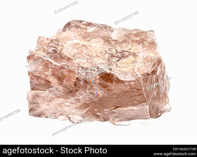 closeup of sample of natural mineral from geological collection - rough smoky quartz rock isolated on white background