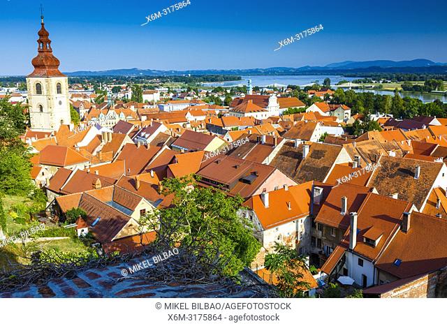 City view and town tower from the Castle. Ptuj. Styria region. Slovenia, Europe