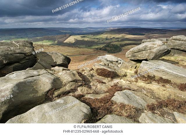 View of upland habitat and gritstone edge, looking towards Bamford, Stanage Edge, Peak District, Derbyshire, England, march