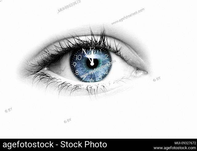 Eye with blue iris and clock-face isolated on white background