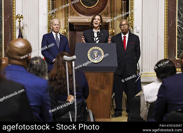 United States President Joe Biden and Reverend Wheeler Parker, Jr look on as US ice President Kamala Harris speaks before a proclamation signing to establish...