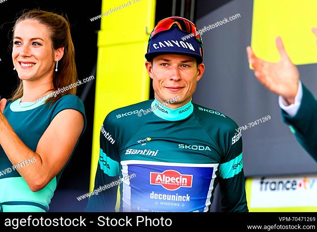 Belgian Jasper Philipsen of Alpecin-Deceuninck wearing the green jersey of leader in the sprint ranking after stage 10 of the Tour de France cycling race, a 167