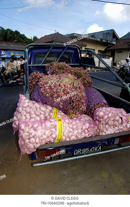 Imported Chinese garlic in sacks and locally grown shallots in back of pickup truck Masbagik Lombok Timur NTB Indonesia