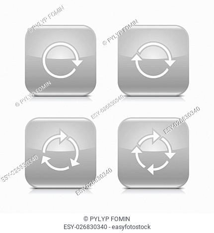 4 arrow icon. White repeat, reload, rotation, refresh sign. Set 01. Gray rounded square button with gray reflection, black shadow on white background
