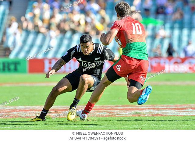 2016 HSBC World Rugby Sevens Sydney Feb 6th. 06.02.2016. Sydney, Australia. HSBC New Zealand v Portugal. Kiwi Regan Ware tackles Portugals Tiago Fernandes