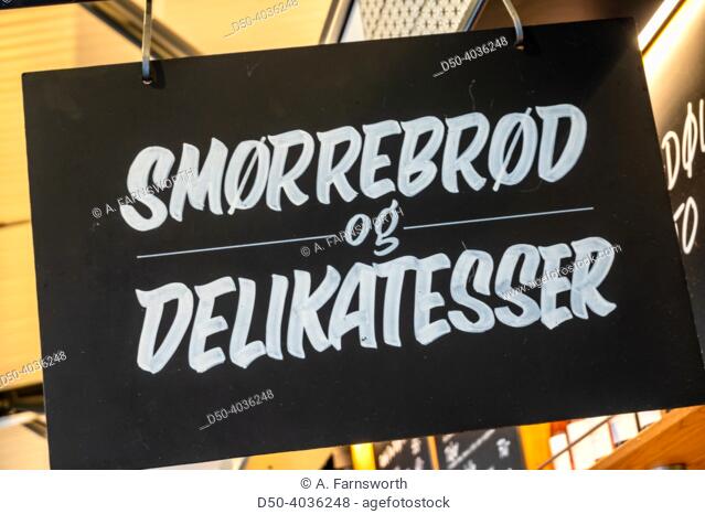 Copenhagen, Denmark A sign in a shopping mall for Smorrebrod and delicatessen