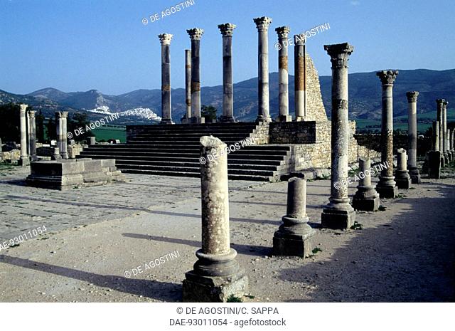 The Capitolium, 217 AD, ancient Roman city of Volubilis (UNESCO World Heritage List, 1997), Morocco. Roman Civilisation, 3rd century