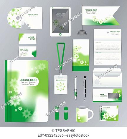 White identity template with green Flower origami elements. Vector company style for brandbook guideline and Pens mugs CDs books business cards letterhead flag...