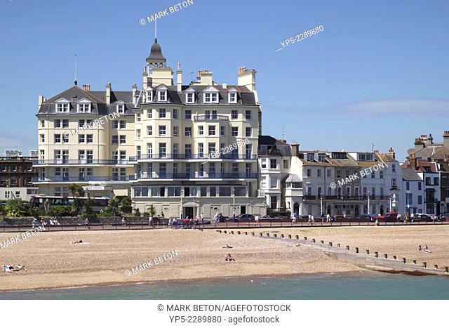 Queens Hotel and beach at Eastbourne East Sussex