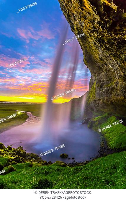 Seljalandsfoss waterfall, midnight sun, Iceland, South West Iceland, Golden Circle tour
