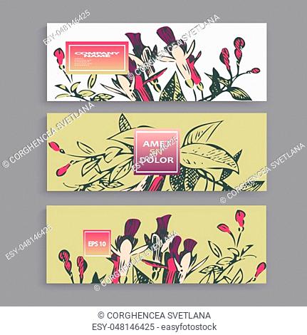 Botanical wedding invitation card template design, hand drawn fuchsia flowers and leaves, pastel color vintage rural with square frame on white background