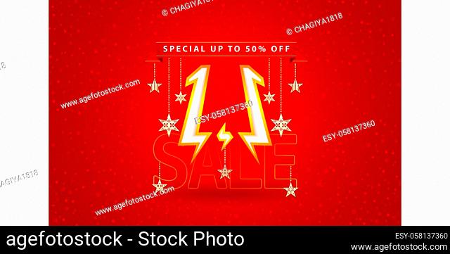 1.1 sale, 1.1 online sale, Flash Model Shopping day festival number date red with red background and sparkle snowflake, online shop sign, for poster, flyer