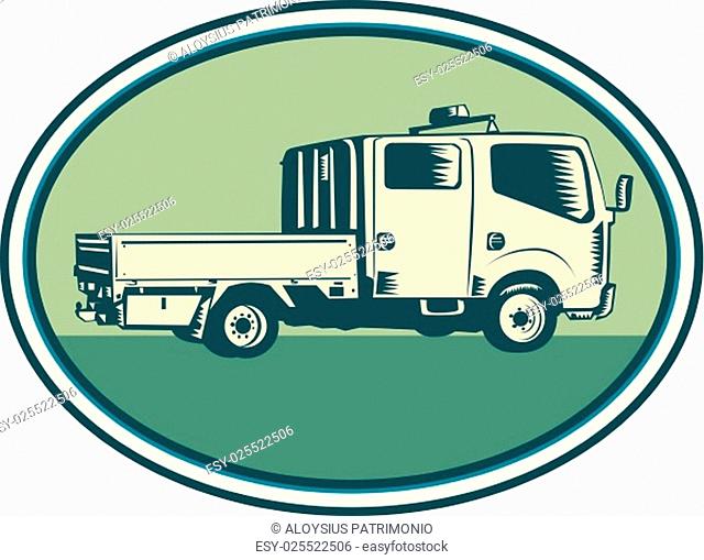 Illustration of a double cab pick-up truck viewed from side set inside oval shape on isolated background done in retro woodcut style