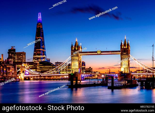 Tower Bridge and The Shard at sunset, London, England, United Kingdom, Europe