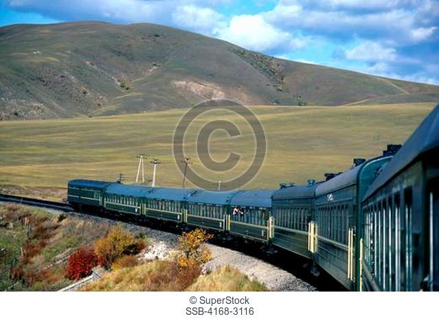 Russia, Trans-Siberian Railway, Near Irkutsk, Siberian Farmland, Train