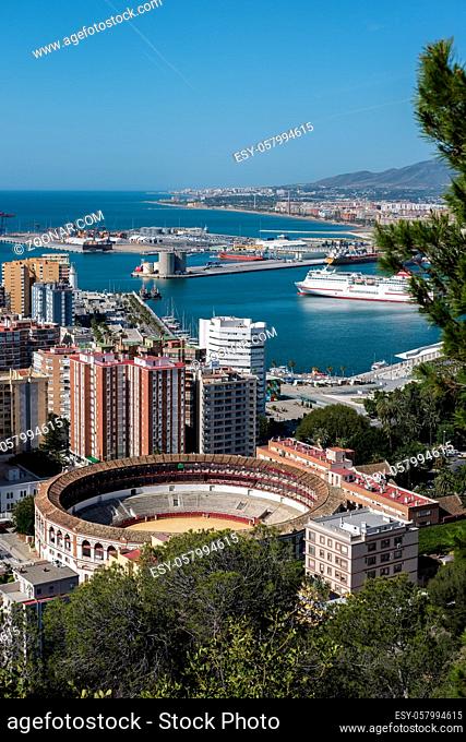 View of the Harbour Area and Bullring in Malaga