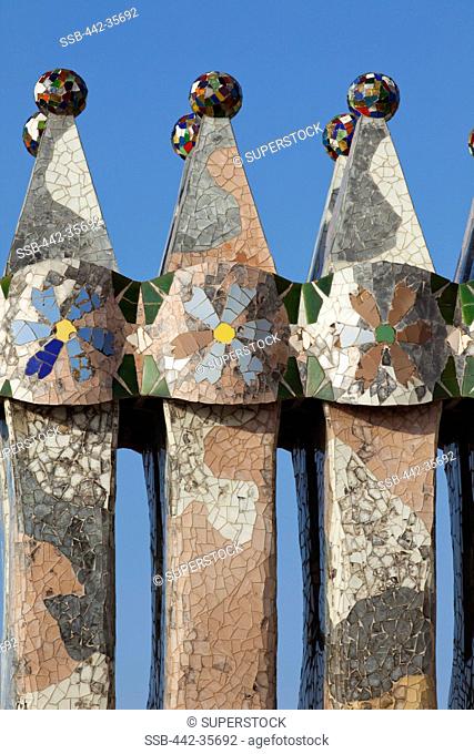 Architectural details of rooftop chimneys, Casa Batllo, Barcelona, Catalonia, Spain