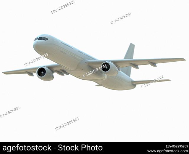 Commercial Passenger Plane in Air on White, Vacation Travel by Air Transport,  Airliner Take Off Flying,  Aircraft Flight and Aviation Route Airline Sign