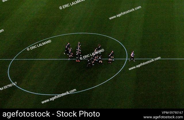 Aerial drone picture shows a training session of Belgium's national women's soccer team the Red Flames, in Tubize, Monday 13 February 2023