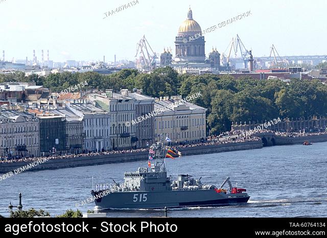 RUSSIA, ST PETERSBURG - JULY 30, 2023: The BT-116 Pavel Khenov minesweeper takes part in the Main Naval Parade marking Russian Navy Day
