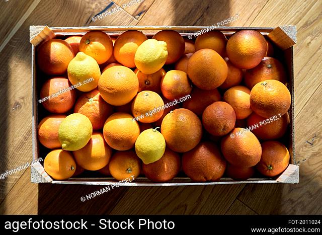 View from above still life fresh lemons and oranges in crate
