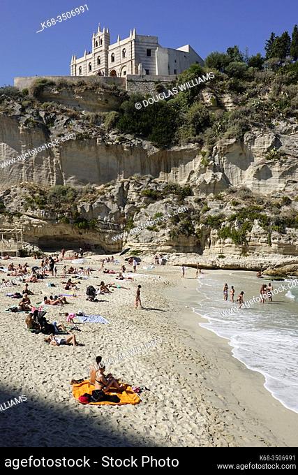 Beach in Tropea, Calabria, Italy with The Sanctuary of Santa Maria dell'Isola above