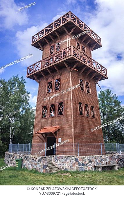 Wooden lookout tower fot tourists in Stare Juchy village in Warmian-Masurian Voivodeship of Poland