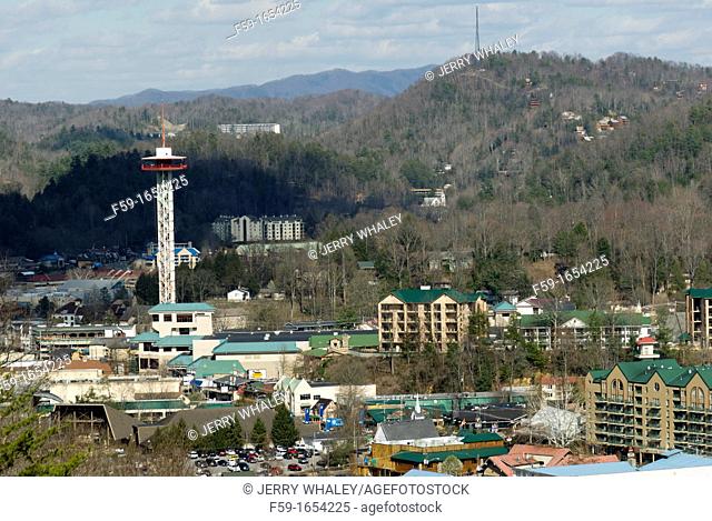 Gatlinburg, Space Needle, Hotels, view from Foothills Parkway, TN