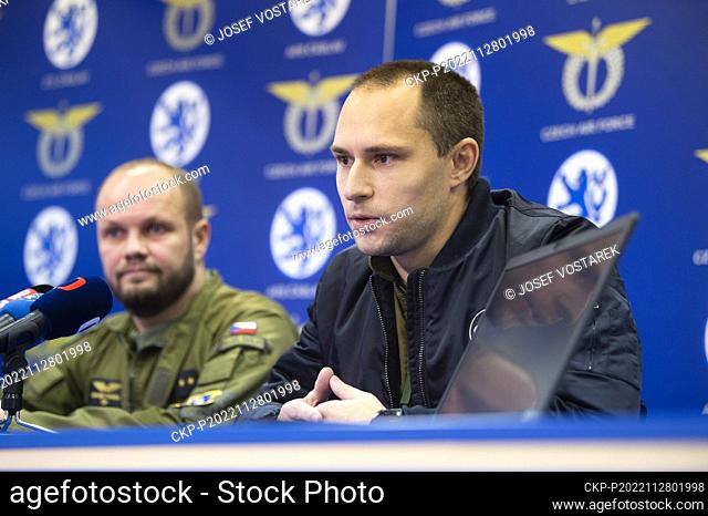 From right Pilot and European Space Agency astronaut reserve team member Ales Svoboda and Caslav base commander Jaroslav Tomana speak during press conference in...
