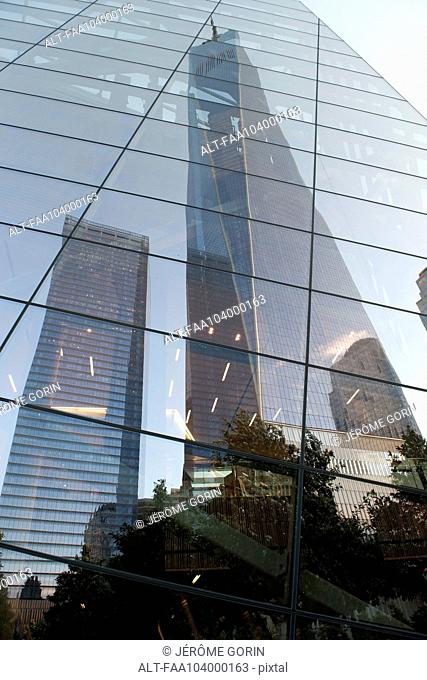 One World Trade Center reflected on building facade, Manhattan, New York City, New York, USA