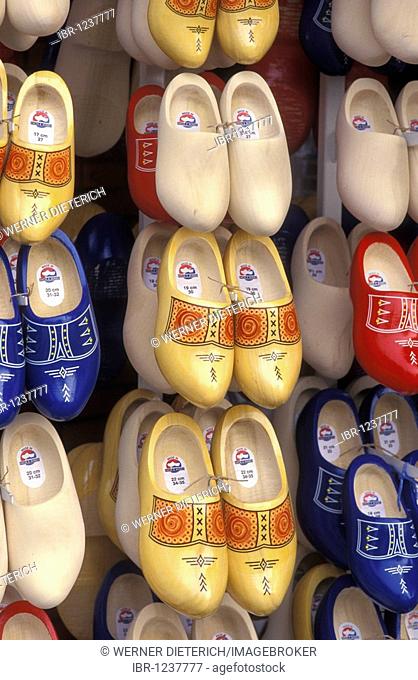Various wooden shoes, souvenirs, at a market in Norden, the North Sea coast, Lower Saxony, Germany, Europe