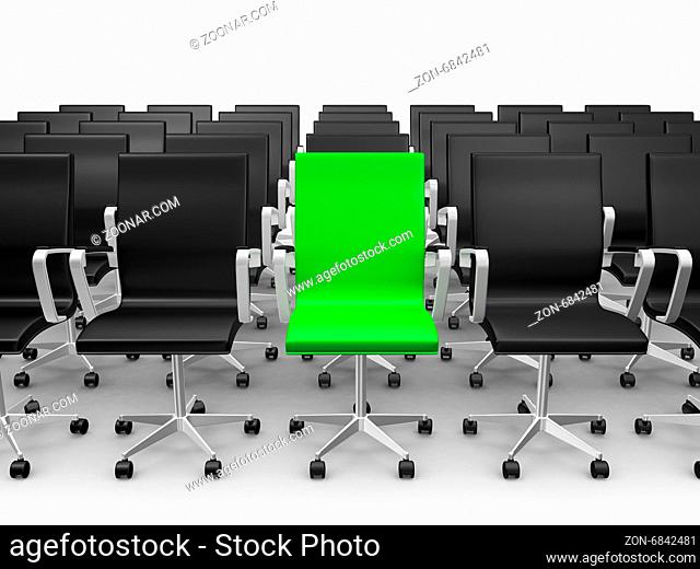 Green office chair outstanding from black ones, isolated on white background