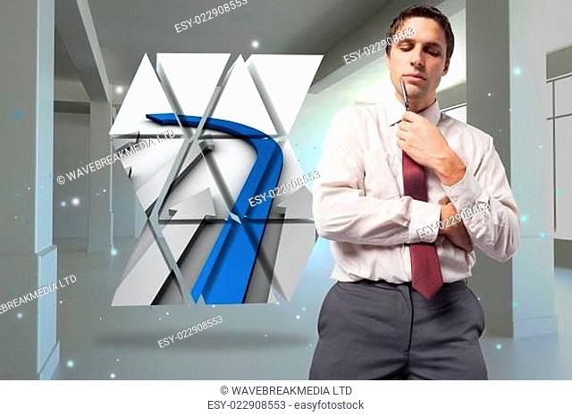 Composite image of thoughtful businessman holding pen to chin