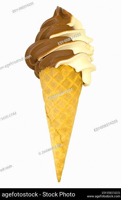 Chocolate vanilla soft ice cream in a wafer cone