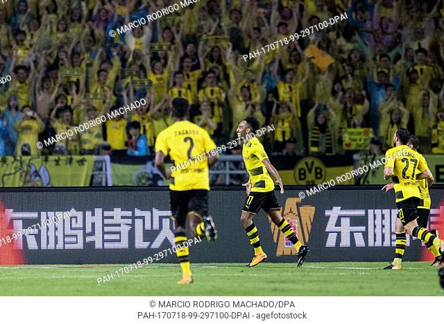 Borussia Dortmund Forward Pierre-Emerick Aubameyang (C) celebrating his second score during the International Champions Cup 2017 match between AC Milan vs...