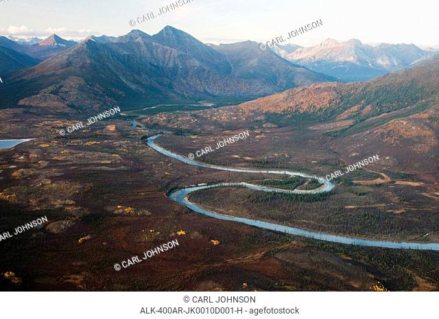 Aerial view of the Kobuk River winding through Endicott Mountains in Gates of the Arctic National Park & Preserve, Arctic Alaska, Fall