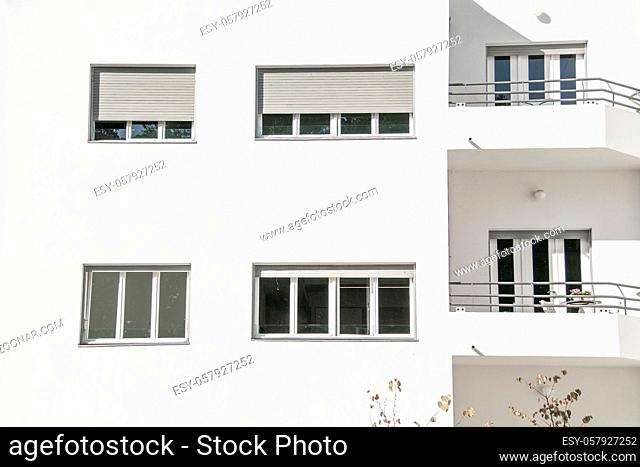 Bauhaus style apartment building exterior view, tel aviv, israel