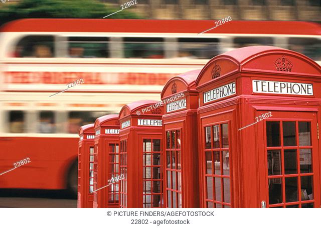 Bus and telephone boxes. London. England
