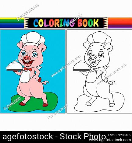Coloring book with pig chef cartoon