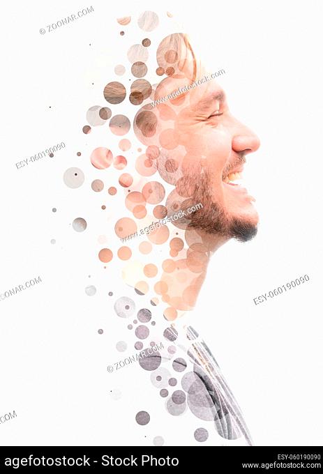 A flow of circles combined with a portrait of a laughing guy