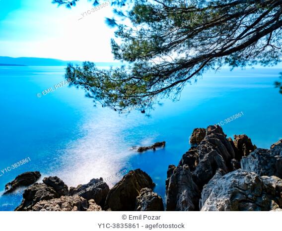 Noon-time long exposure on a coastline, Malinska on Krk island in Croatia
