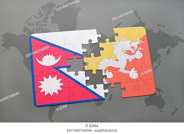 puzzle with the national flag of nepal and bhutan on a world map background. 3D illustration