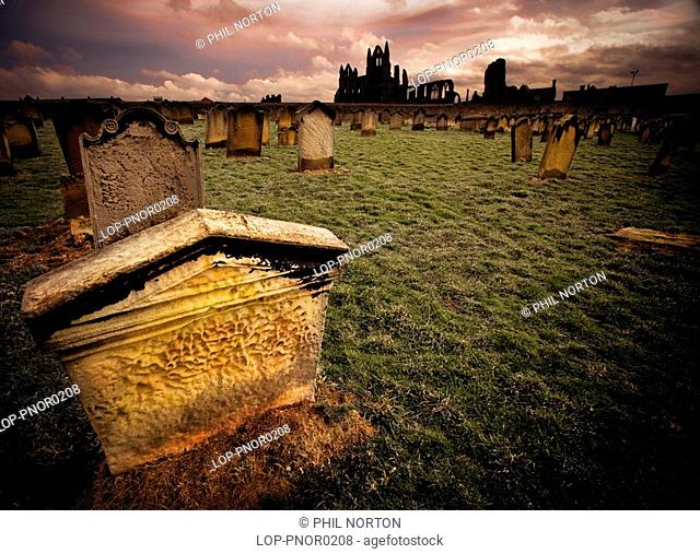 England, North Yorkshire, Whitby Abbey, A view from the cemetery to the ruins of Whitby Abbey