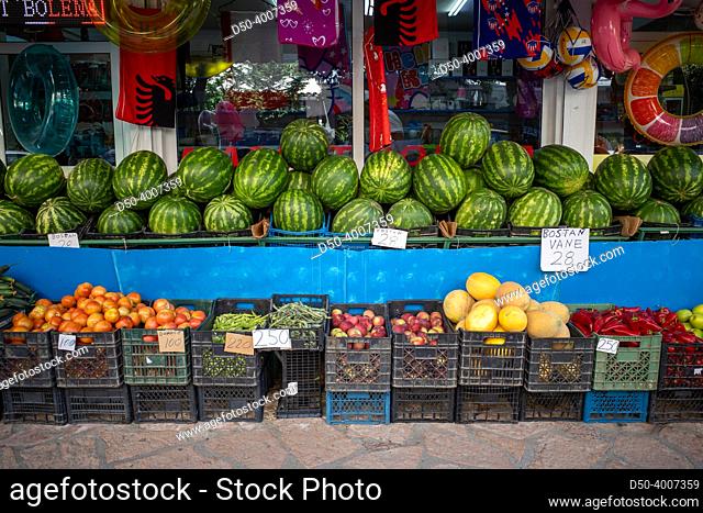Saranda, Albania A displayof large watermelons and fruits and vegies at a street market