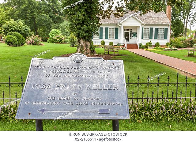 Sign dedicating memorial fountain and garden at Ivy Green, the birthplace of Helen Keller, in Tuscumbia, Alabama